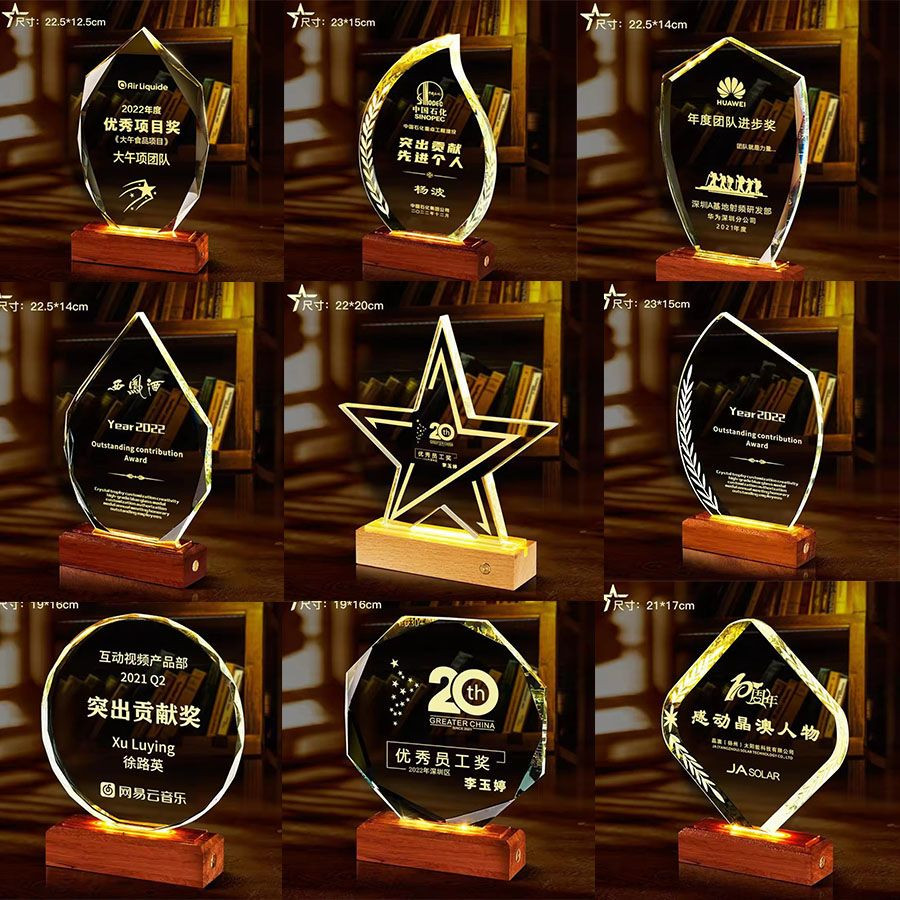 LED Trophies High Quality Crystal Glass Trophy Custom Logo Glass Awards with LED